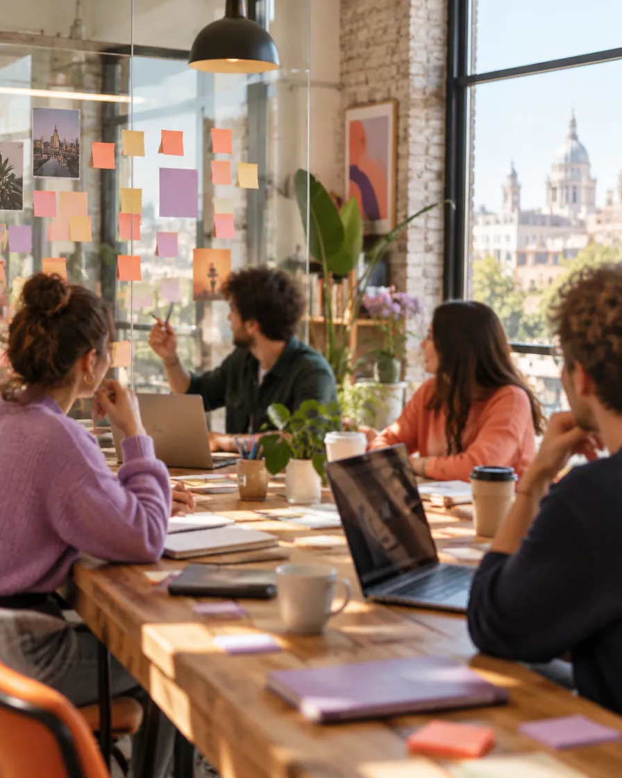 Equipo de Bucket en una reunión creativa con notas de colores